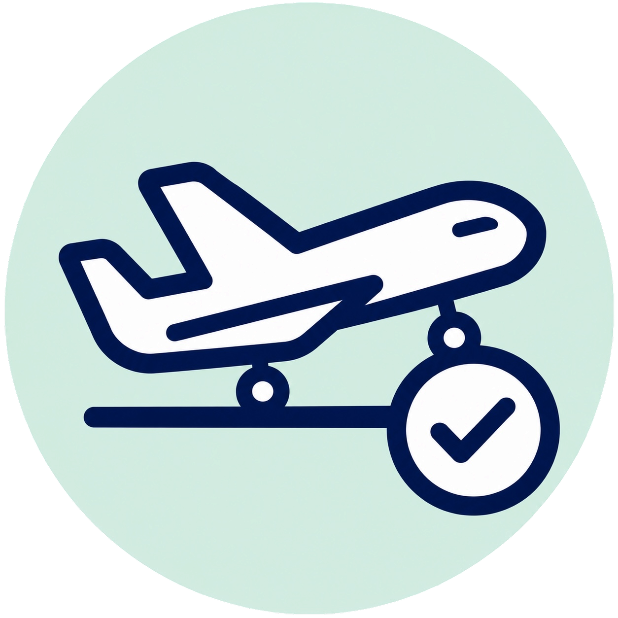 Navy airplane landing on a runway with a checkmark badge on a soft mint green circular background