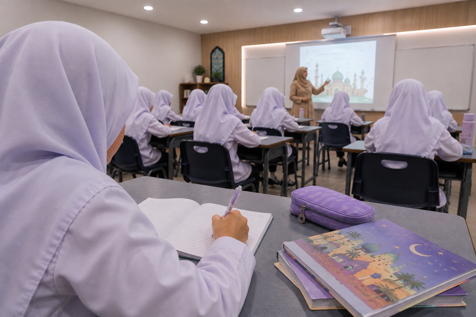 Madrasah students in white uniforms seated at their desks while a teacher conducts a lesson.