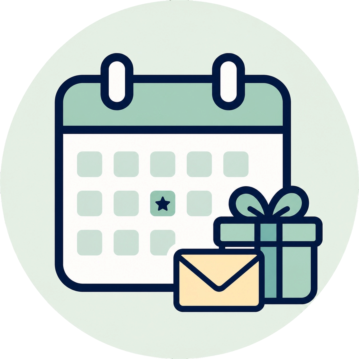 Calendar with gift box and envelope inside pastel mint green circle