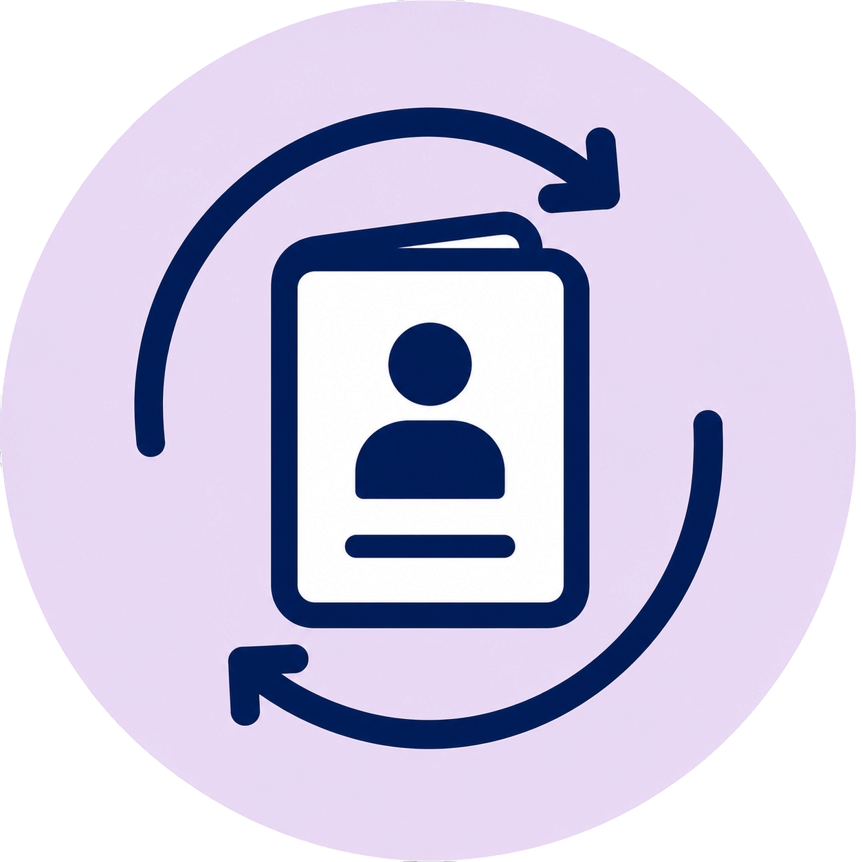 Navy passport icon surrounded by circular arrows on a soft lavender circular background