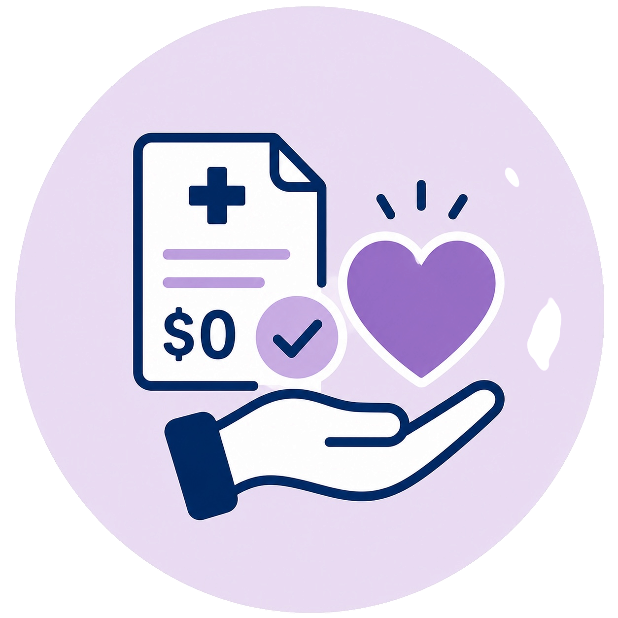 Icon of a hand holding a heart beside a medical document marked $0 and a checkmark