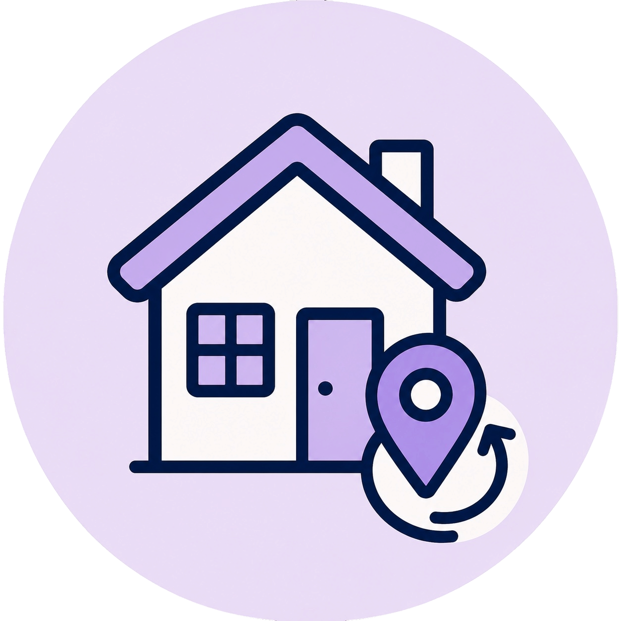 House with a location pin and update arrow inside a pastel lavender circle