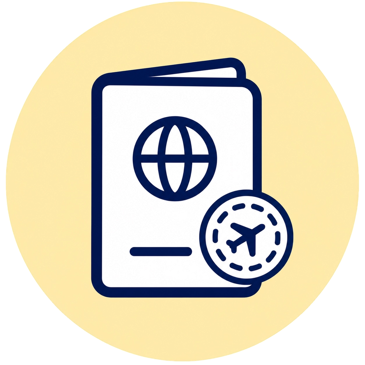 Navy passport icon with a travel stamp badge on a soft yellow circular background