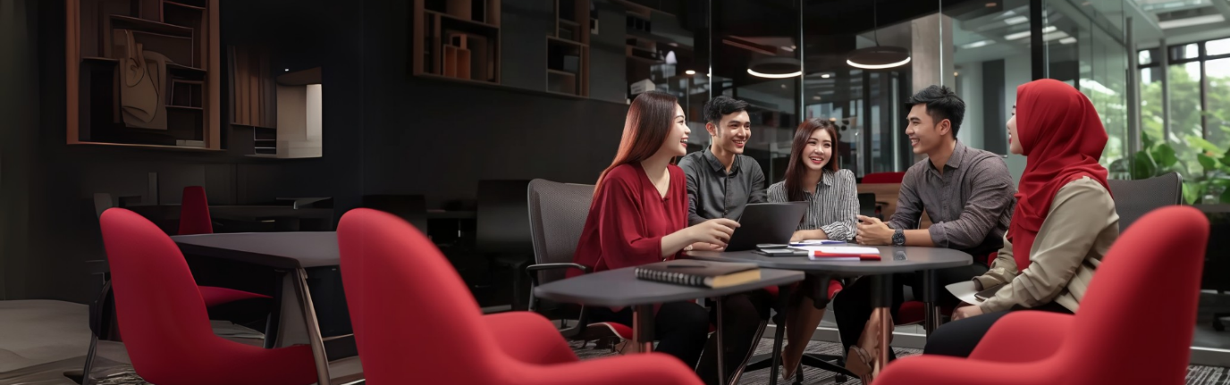 Five people sit around a table in a modern office, one in a red hijab.