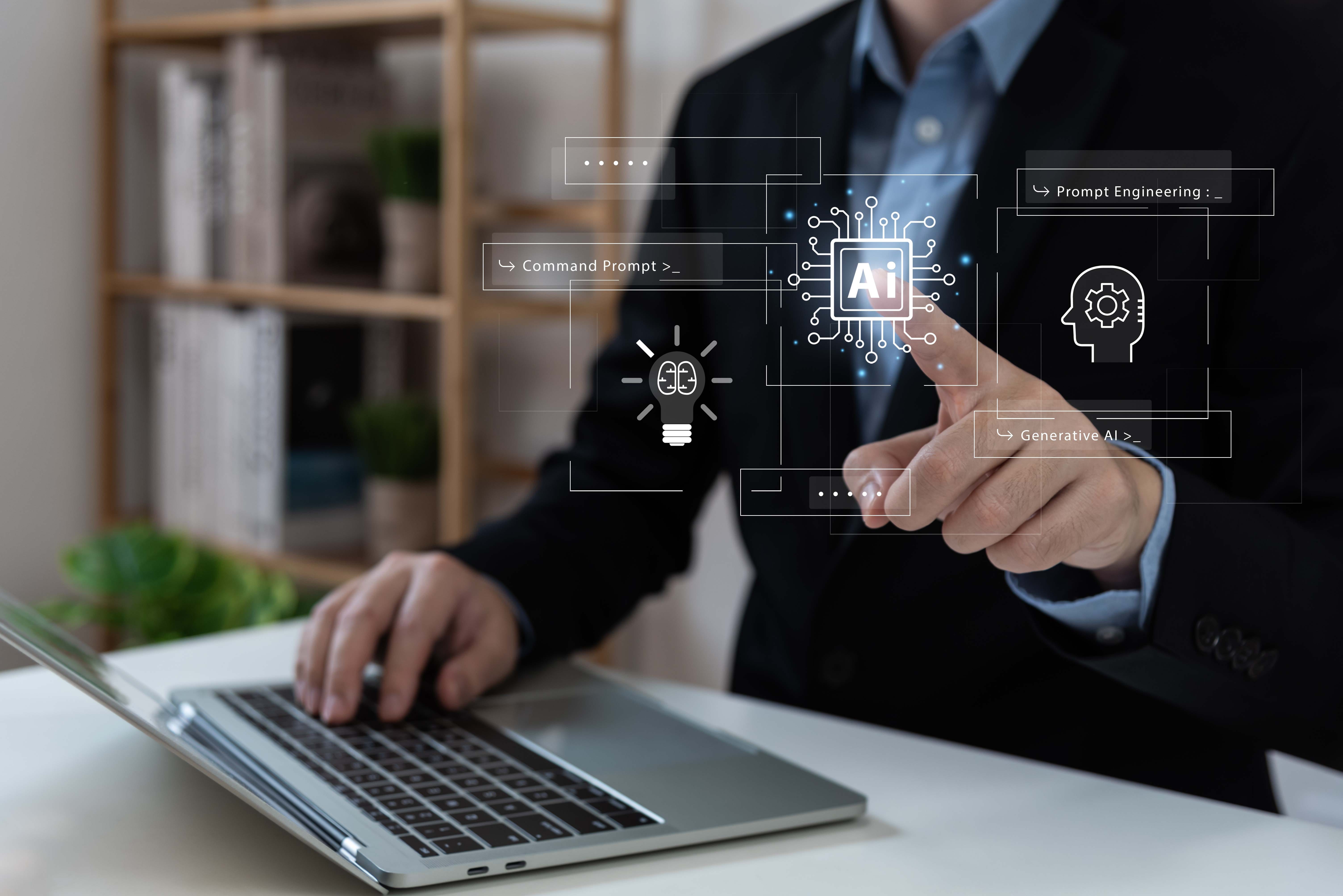 A person in a suit interacts with floating digital icons related to AI over a laptop. 