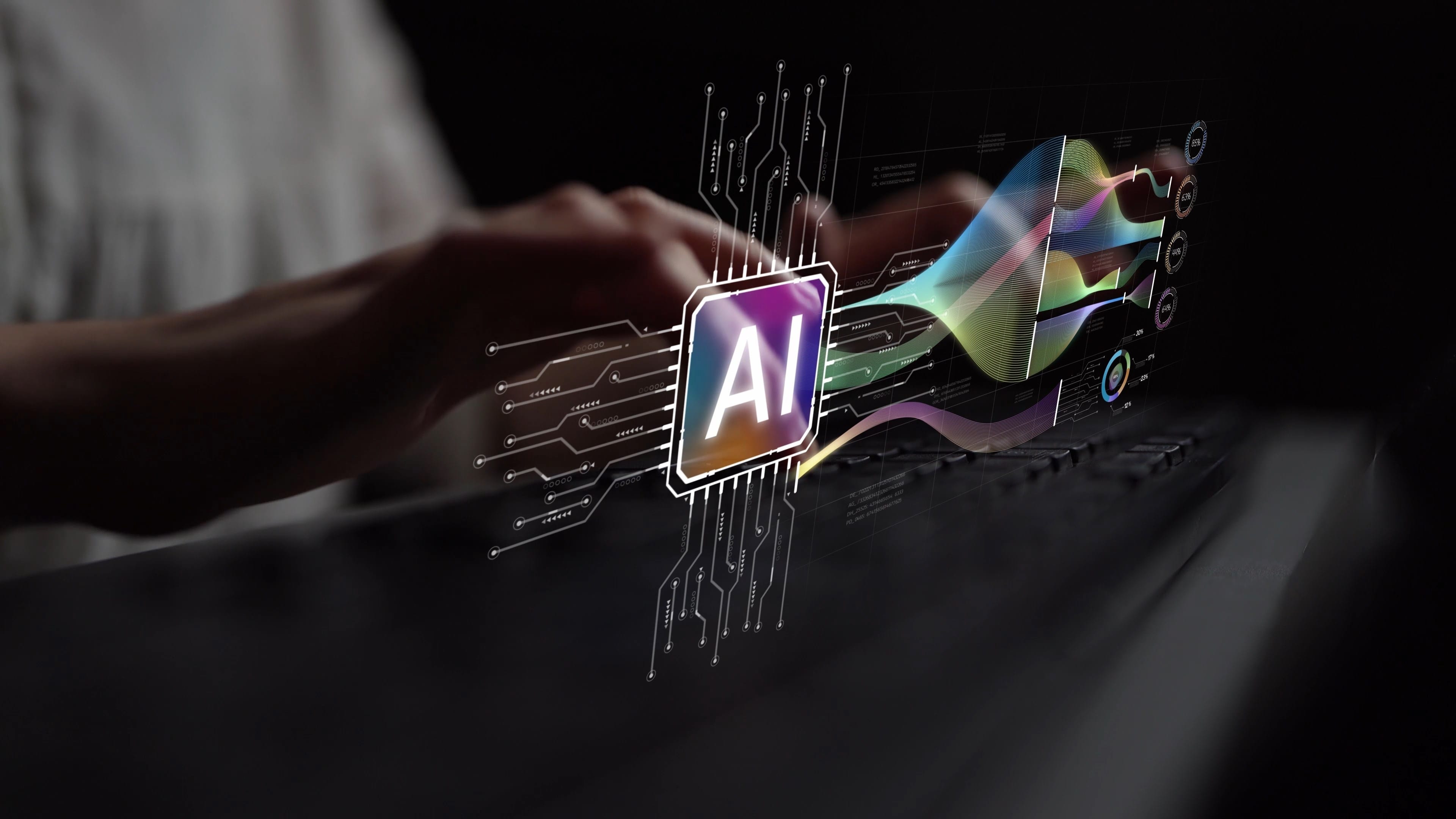 Hand touching futuristic AI circuit display with glowing “AI” shield and graphs.