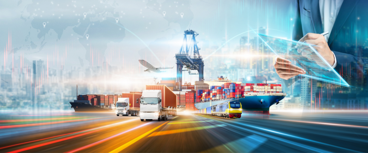 Integrated transport network featuring cargo ships, trucks, trains, aircraft, and port cranes, representing global logistics and digital supply chain management.