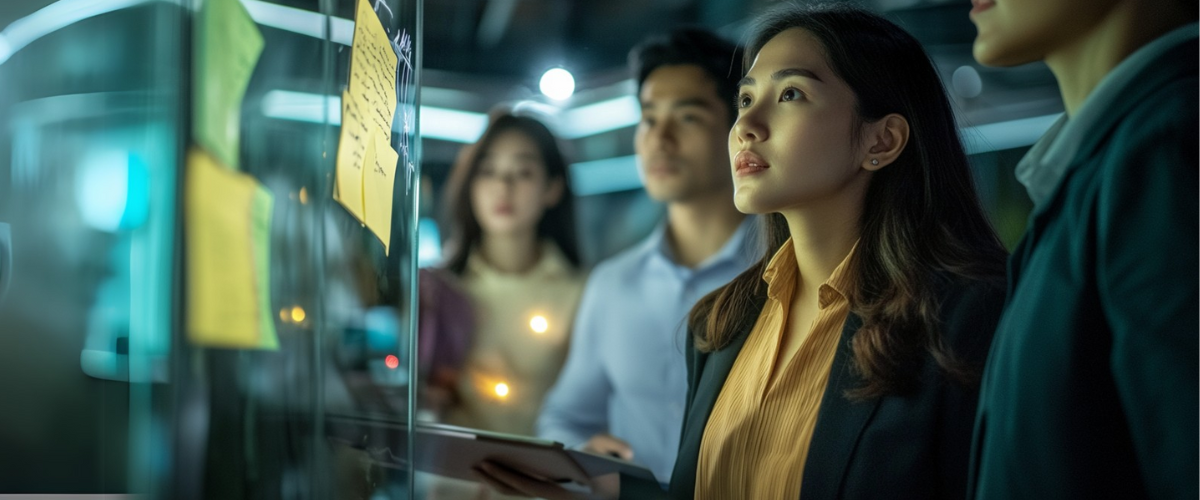 Four professionals reviewing sticky notes on a glass wall in an office setting.