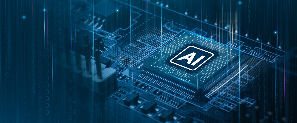 Close-up of a microchip labelled “AI” on a circuit board, representing artificial intelligence and advanced computing technologies.