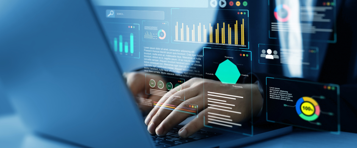 business executive working on a holographic screen with data and statistics