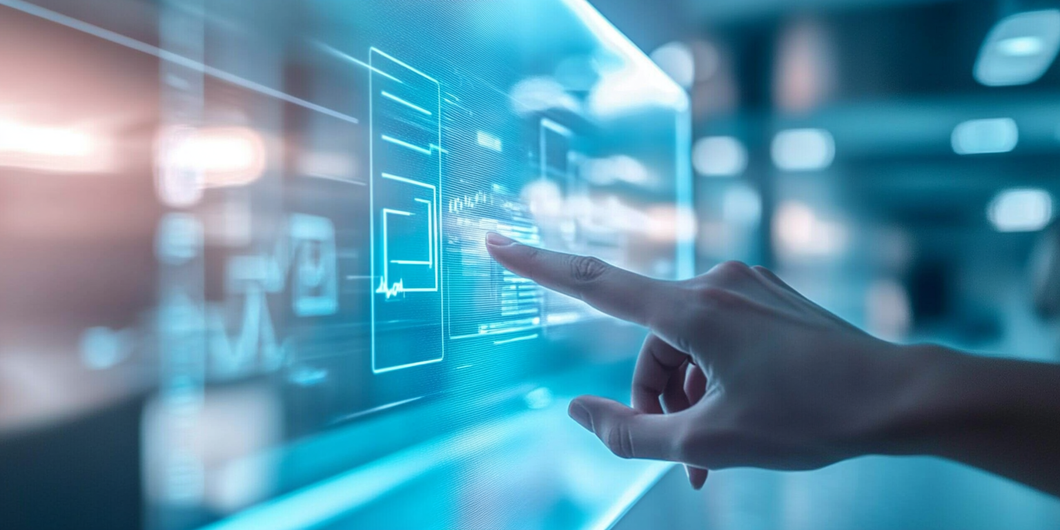 Finger touching a transparent digital healthcare interface with medical charts and data visualisations, representing health tech and digital diagnostics.