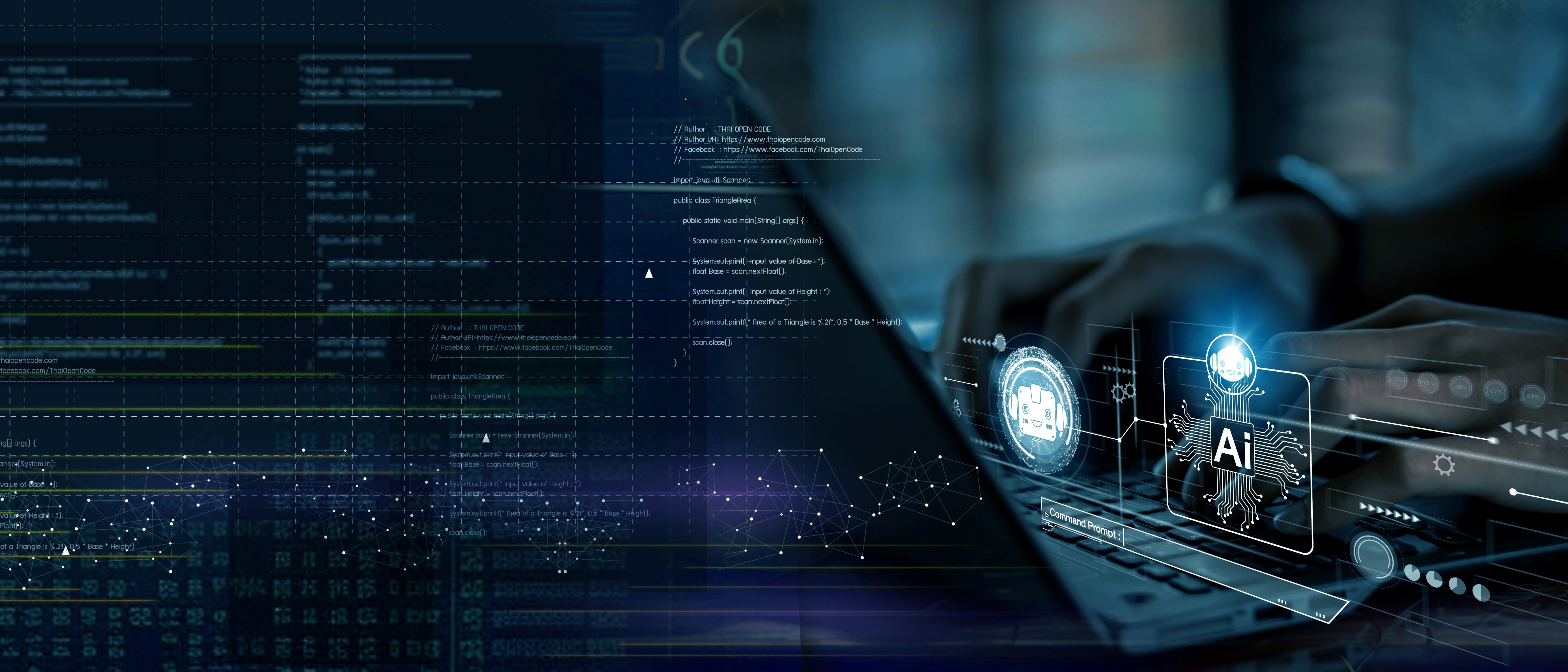 Hands typing on a laptop with digital interface overlays showing AI icons and code.