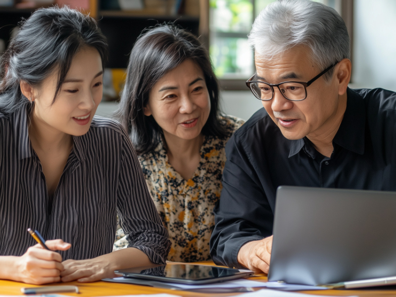 Three people gathered around a laptop, engaged in discussion. They appear focused and collaborative.