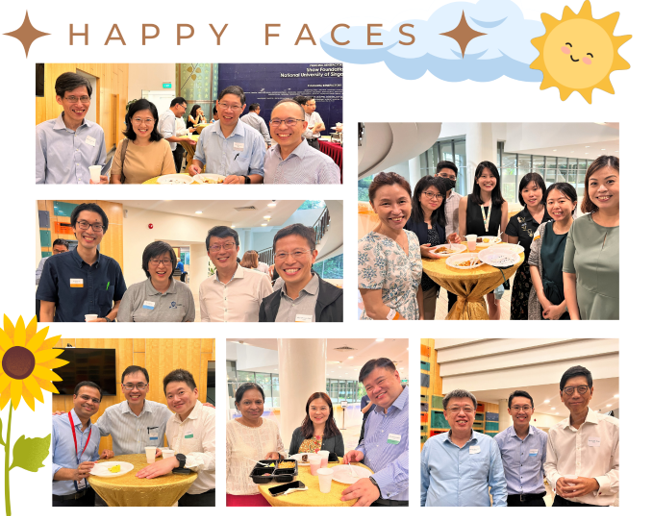 A collage of smiling participants enjoying refreshments at a networking event, captioned "Happy Faces".