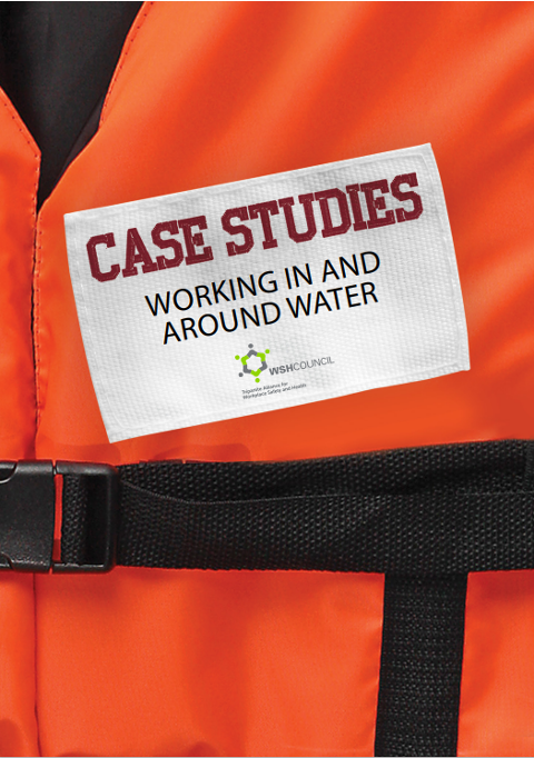 Orange life jacket with a label reading Case Studies Working In And Around Water by WSH Council.