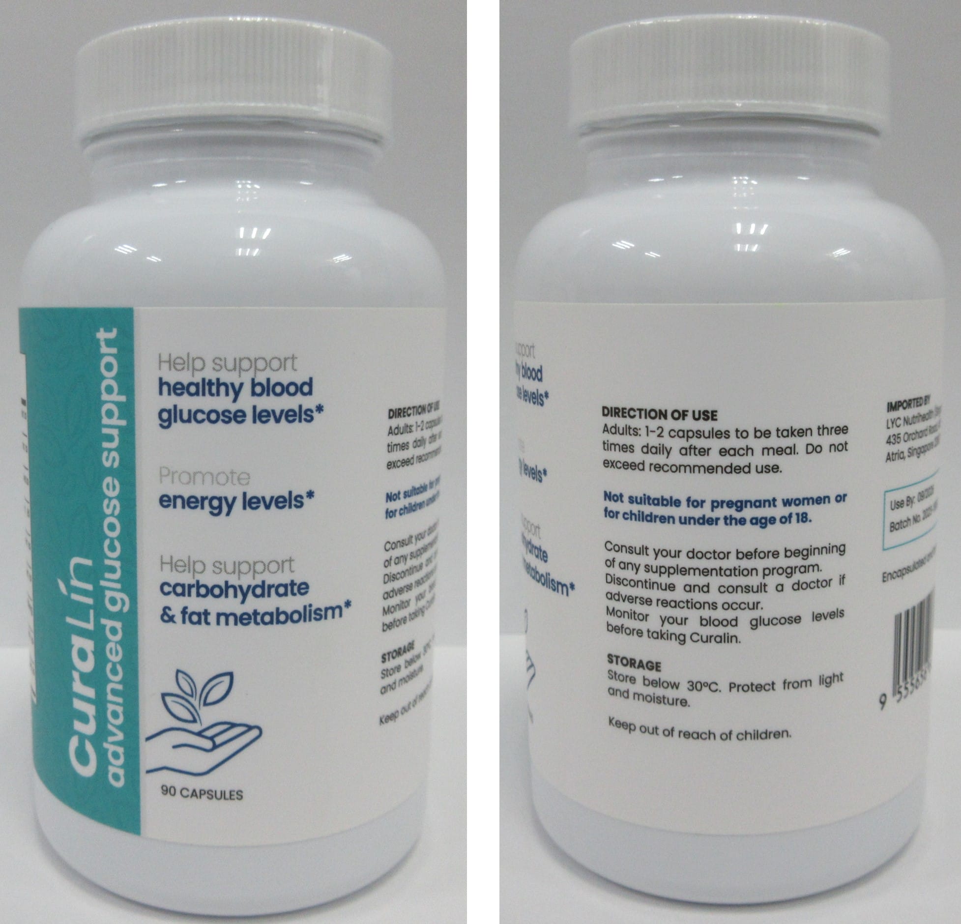 Curalin Advanced Glucose Support bottle front label, batch 2023-19650