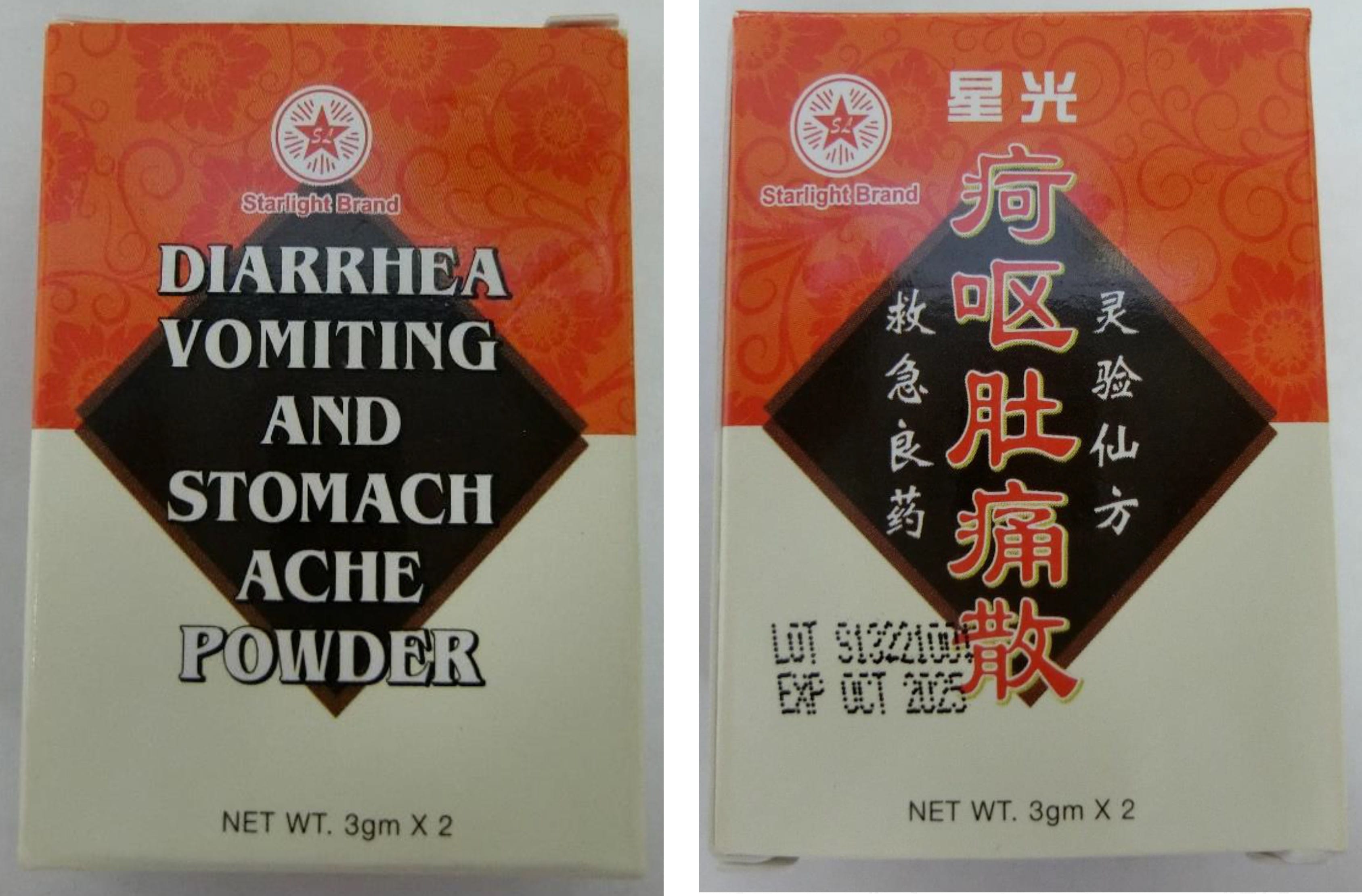 Starlight Diarrhoea Vomiting Stomach Ache Powder box showing front label