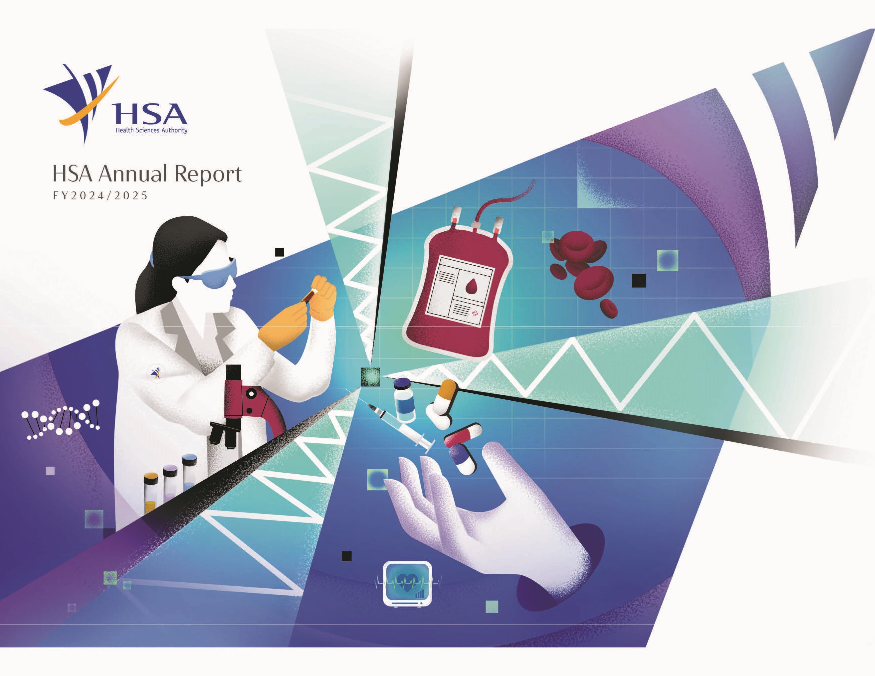 Illustrated HSA Annual Report FY2024/2025 cover with lab imagery.