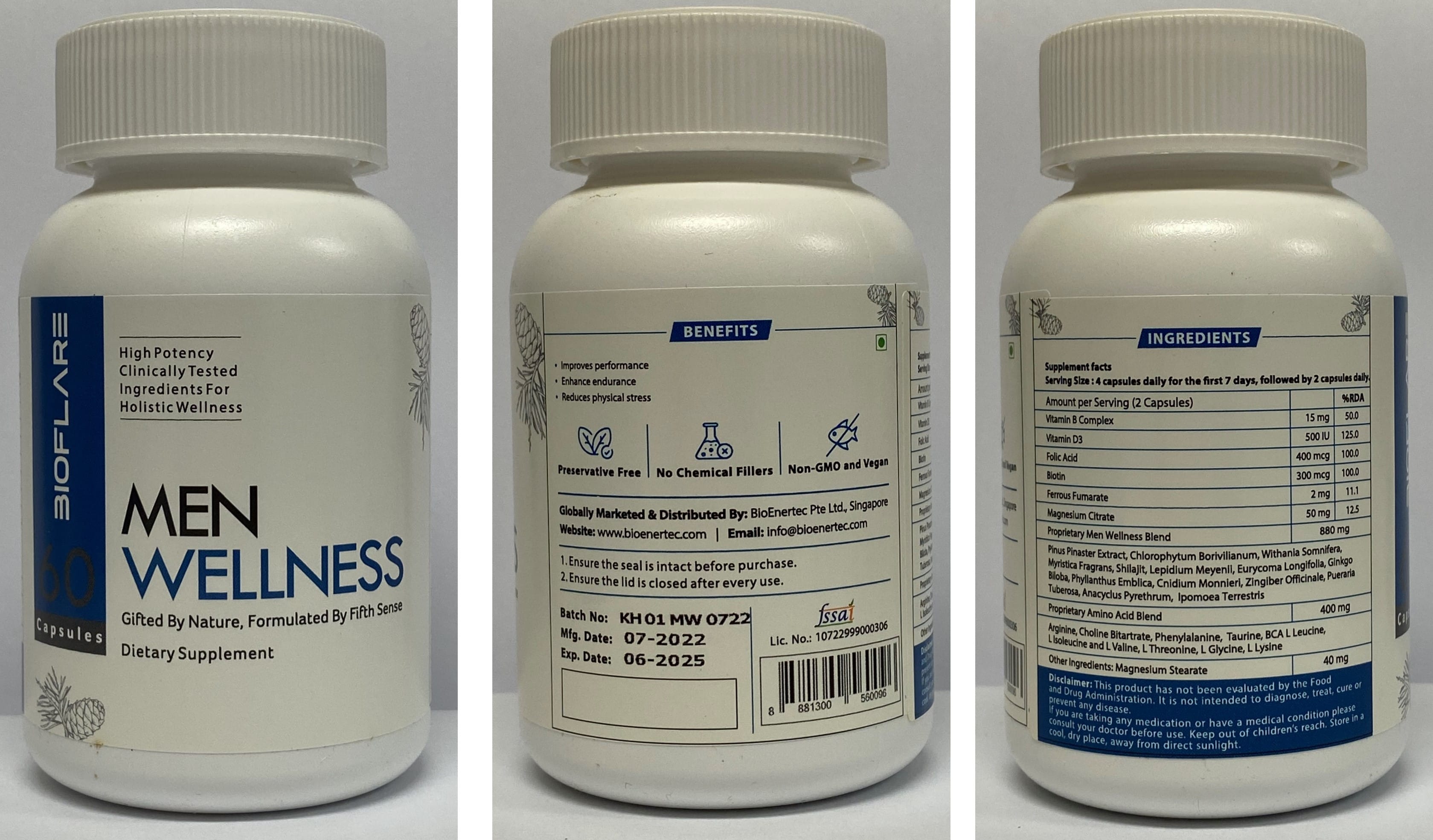 Bioflare Men Wellness supplement bottle showing back label with ingredients