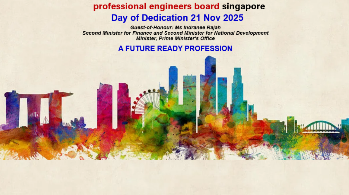 Colorful watercolor Singapore skyline with text announcing Professional Engineers Board Day of Dedication, 21 Nov 2025.