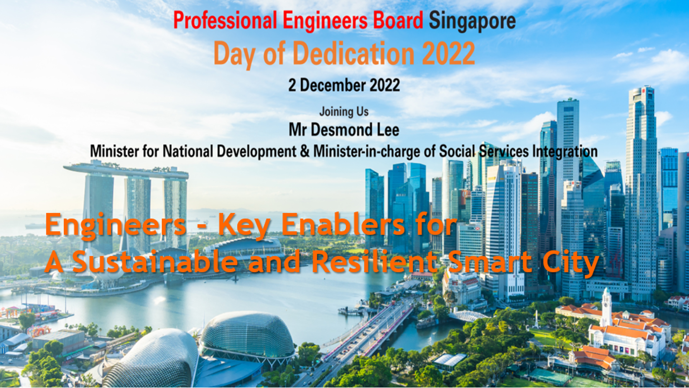 Banner for Professional Engineers Board Singapore Day of Dedication 2022 over a aerial cityscape skyline.