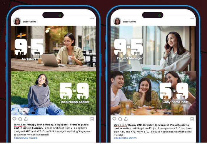 Two phone screens show social media posts with work and hobby role labels like Architect and Project Manager for Singapore's 59th birthday.