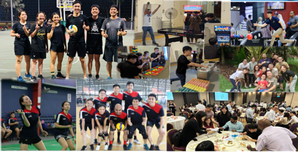 Collage of people playing volleyball, badminton, arcade games, and bonding at group events.