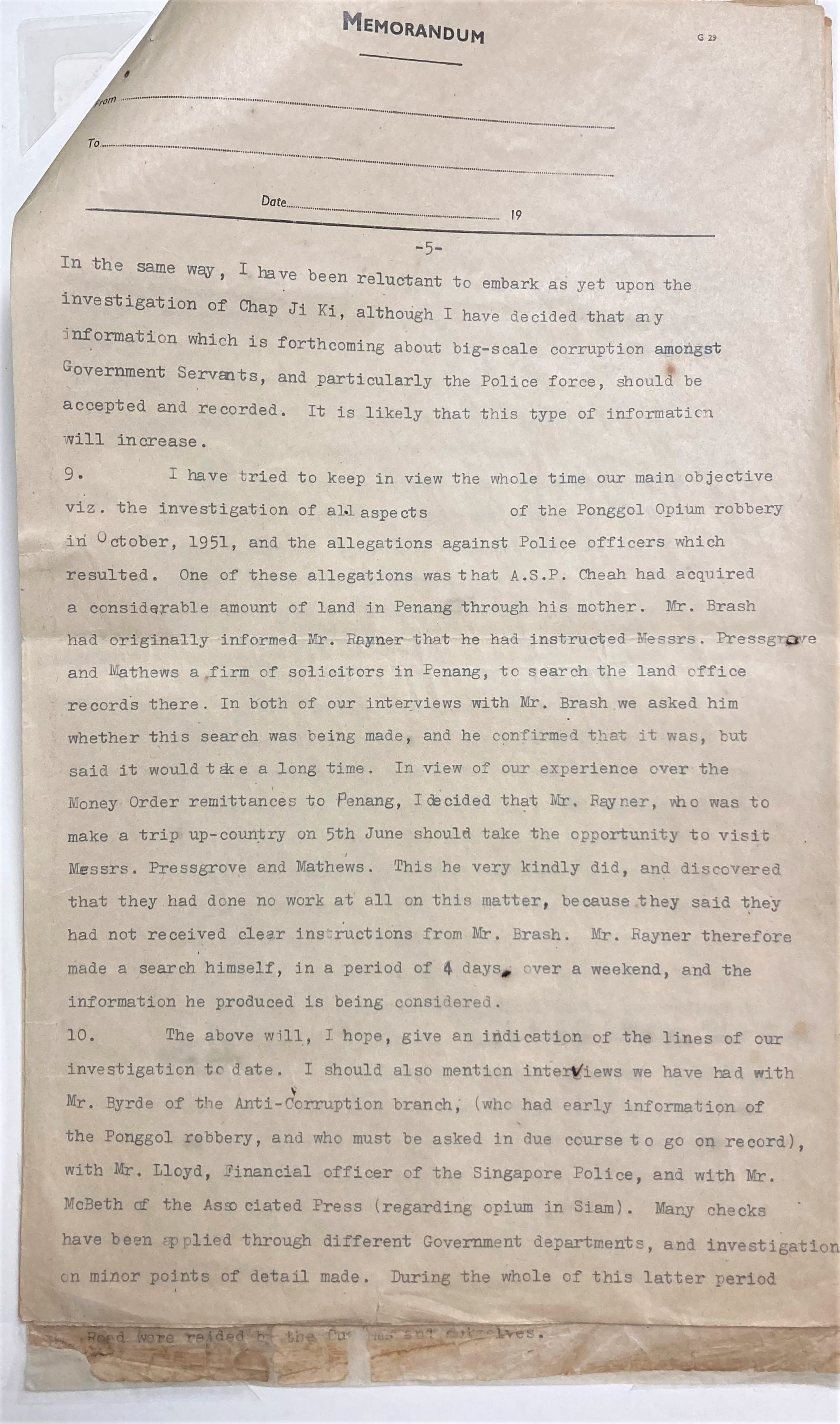 Aged typewritten page 5 of memorandum on yellowed paper discussing corruption investigation, Ponggol Opium robbery, and Singapore Police.
