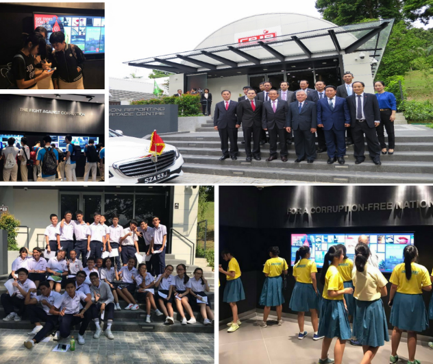 Collage of visitors at a corruption reporting centre, including officials posing outside and students viewing exhibits indoors.