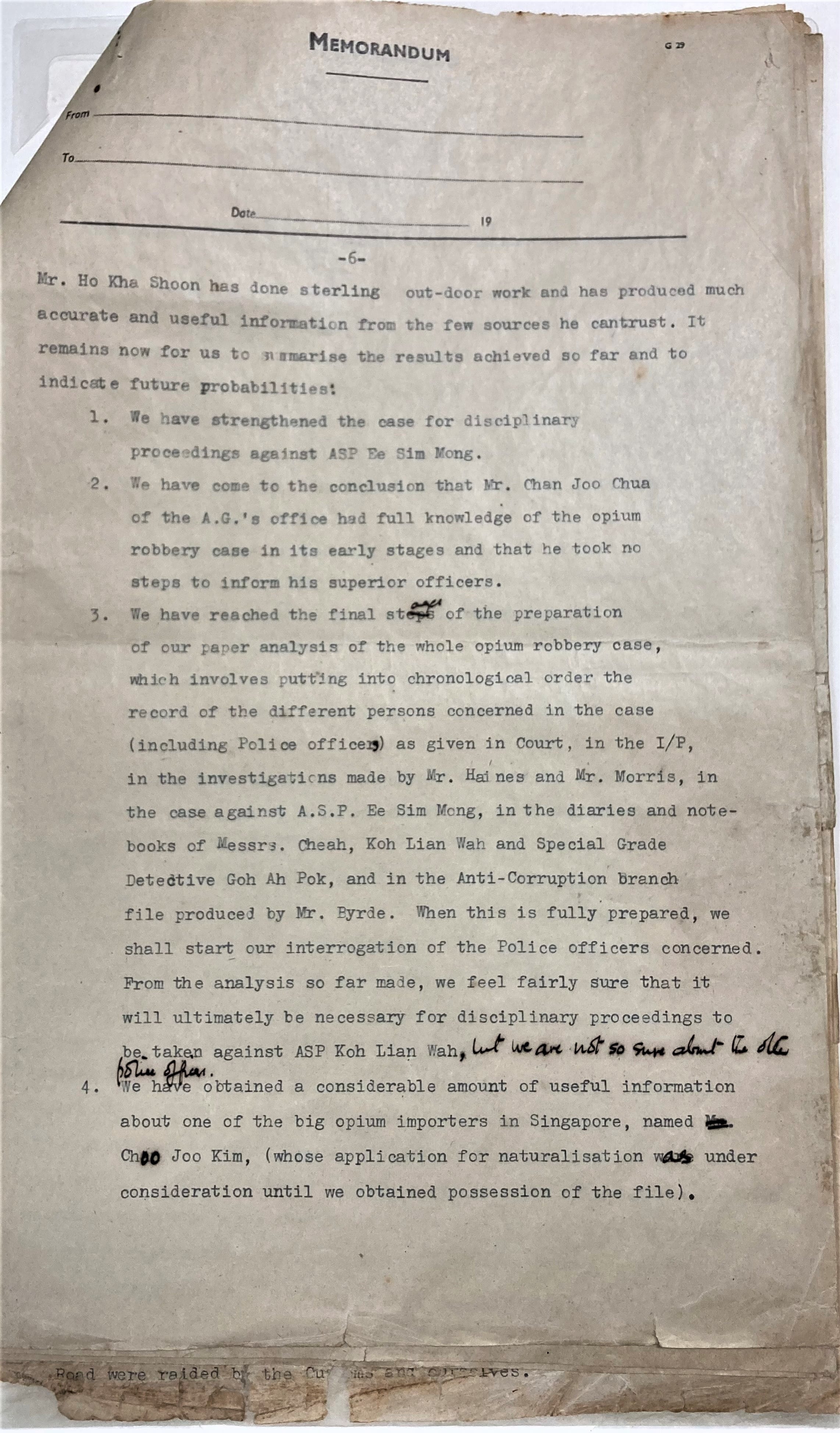 Aged typed memorandum page 6 discussing an opium robbery case with handwritten annotations in the margins.