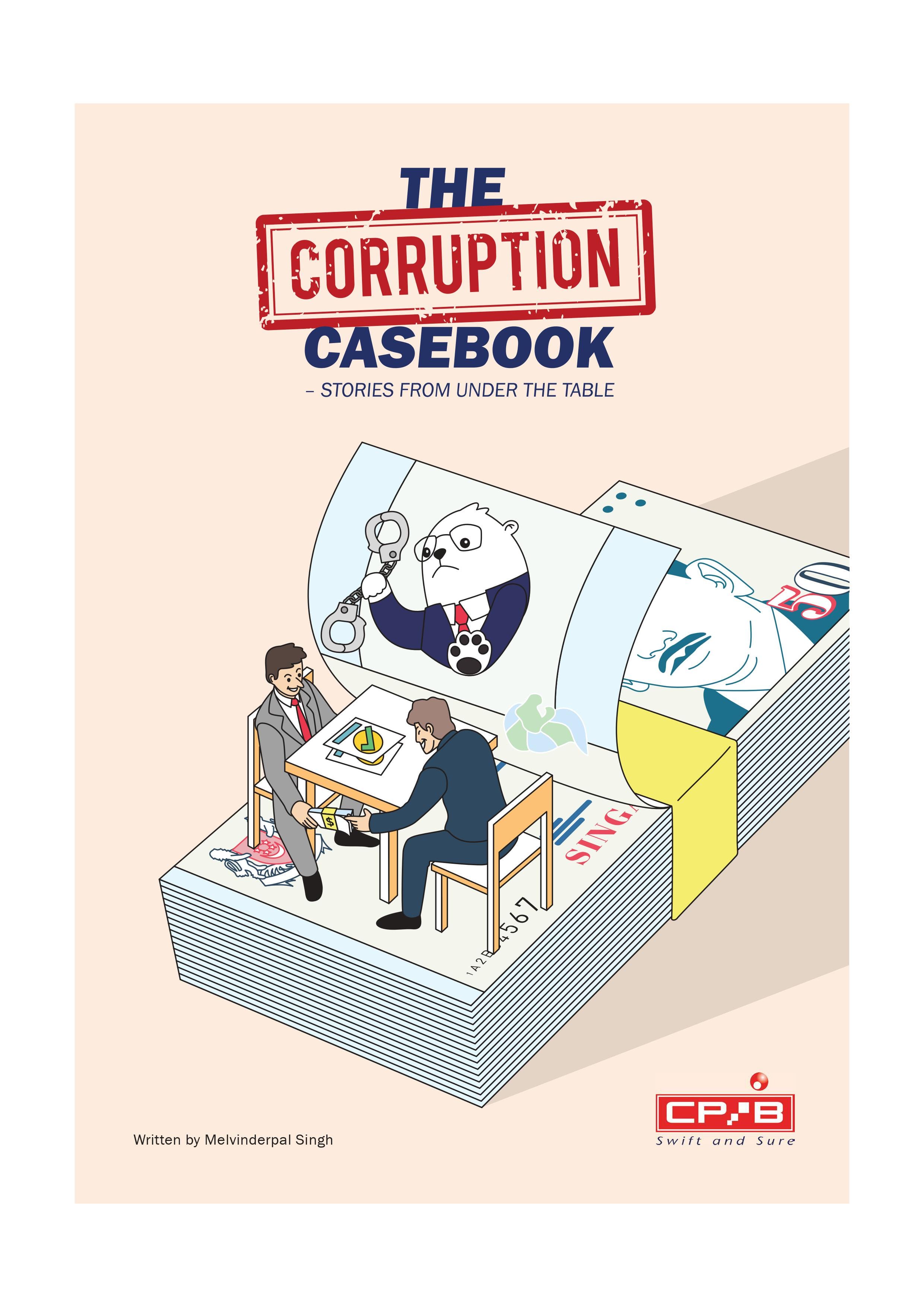 Book cover titled "The Corruption Casebook" showing two men exchanging money under the table.