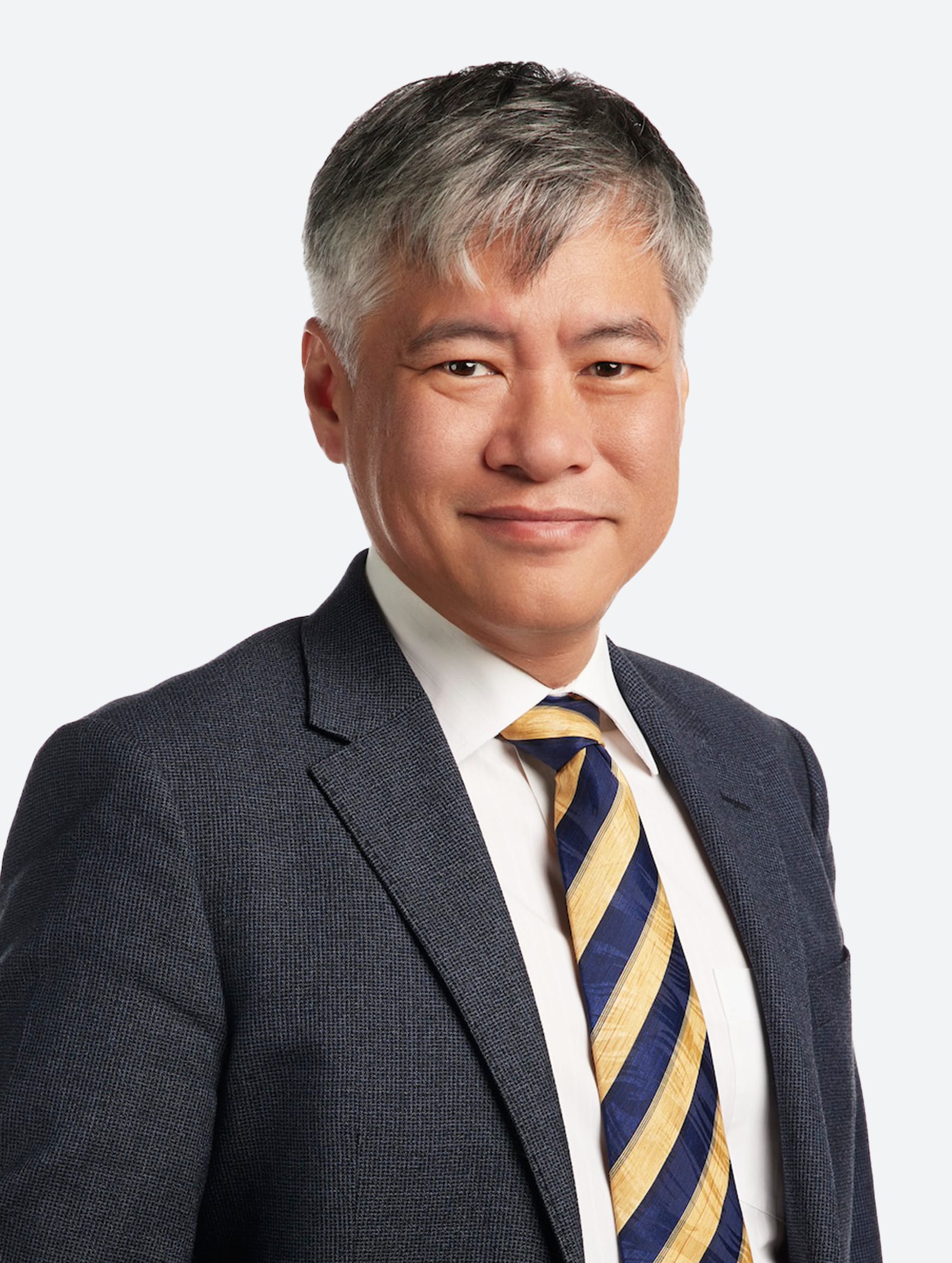 Man with gray hair wearing a dark blue suit, white shirt, and gold and navy striped tie, smiling against a light background.