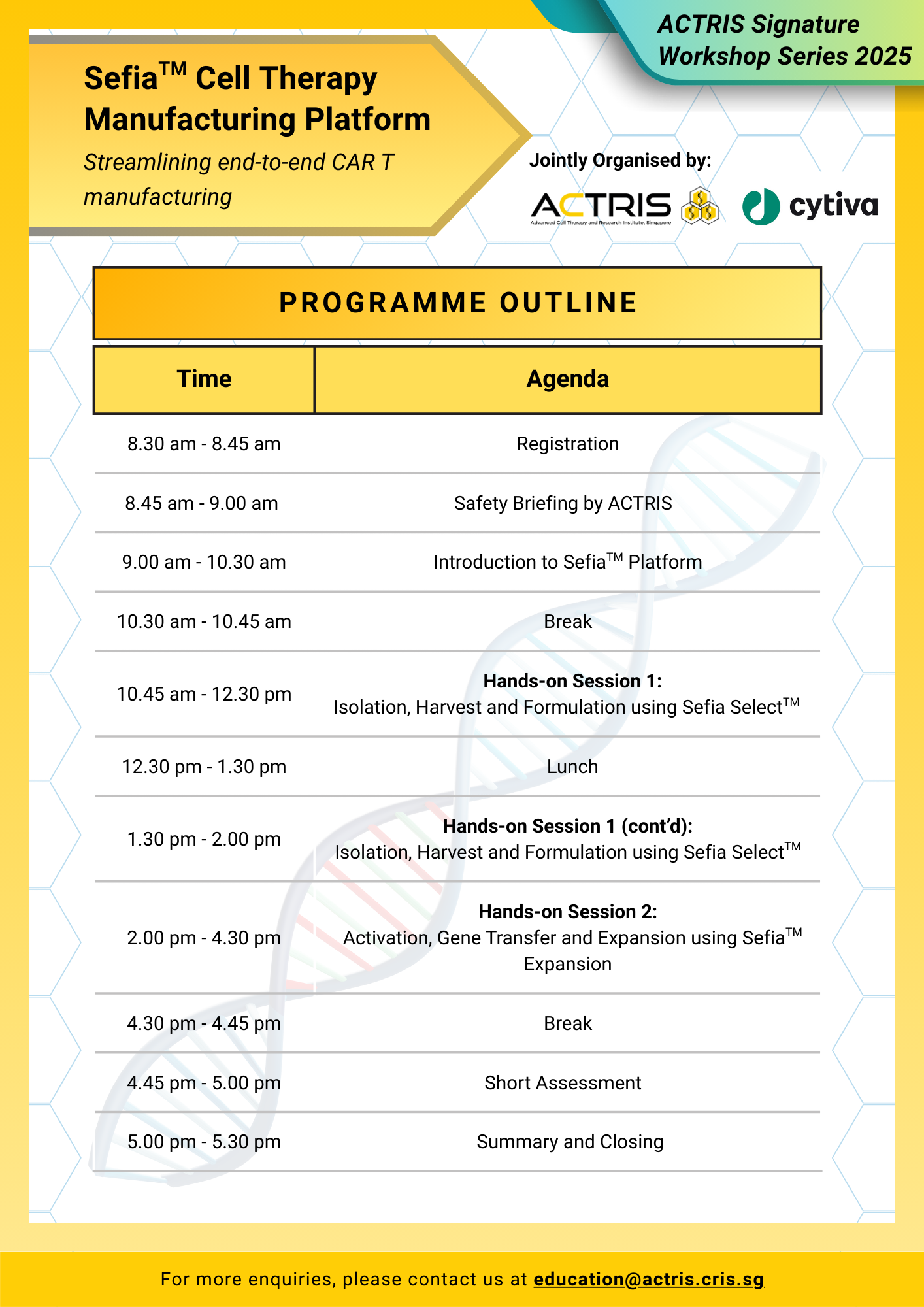 Workshop programme outline for Sefia Cell Therapy Manufacturing Platform, jointly organised by ACTRIS and Cytiva in 2025.