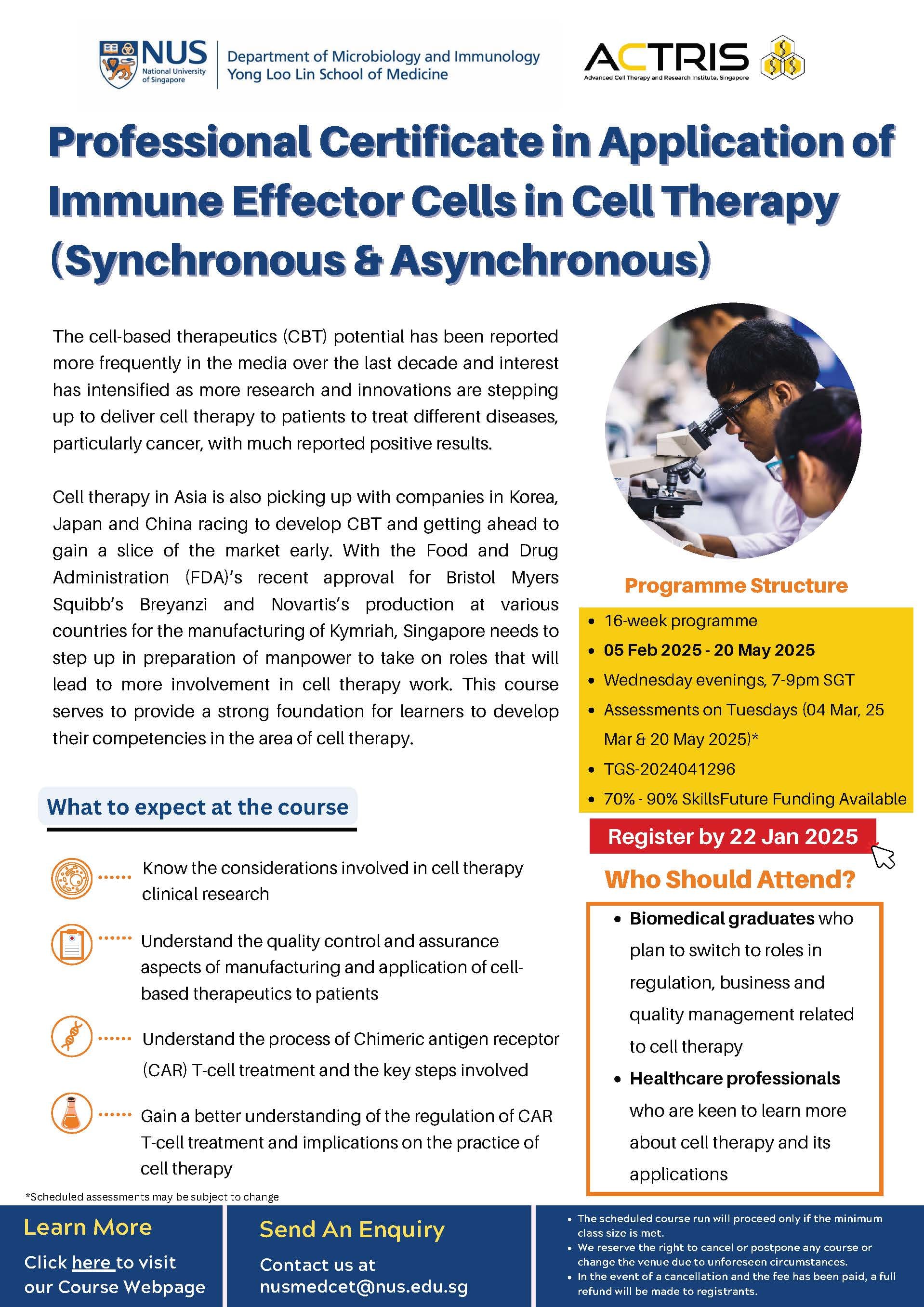 Flyer for NUS Professional Certificate in Application of Immune Effector Cells in Cell Therapy, running Feb-May 2025.