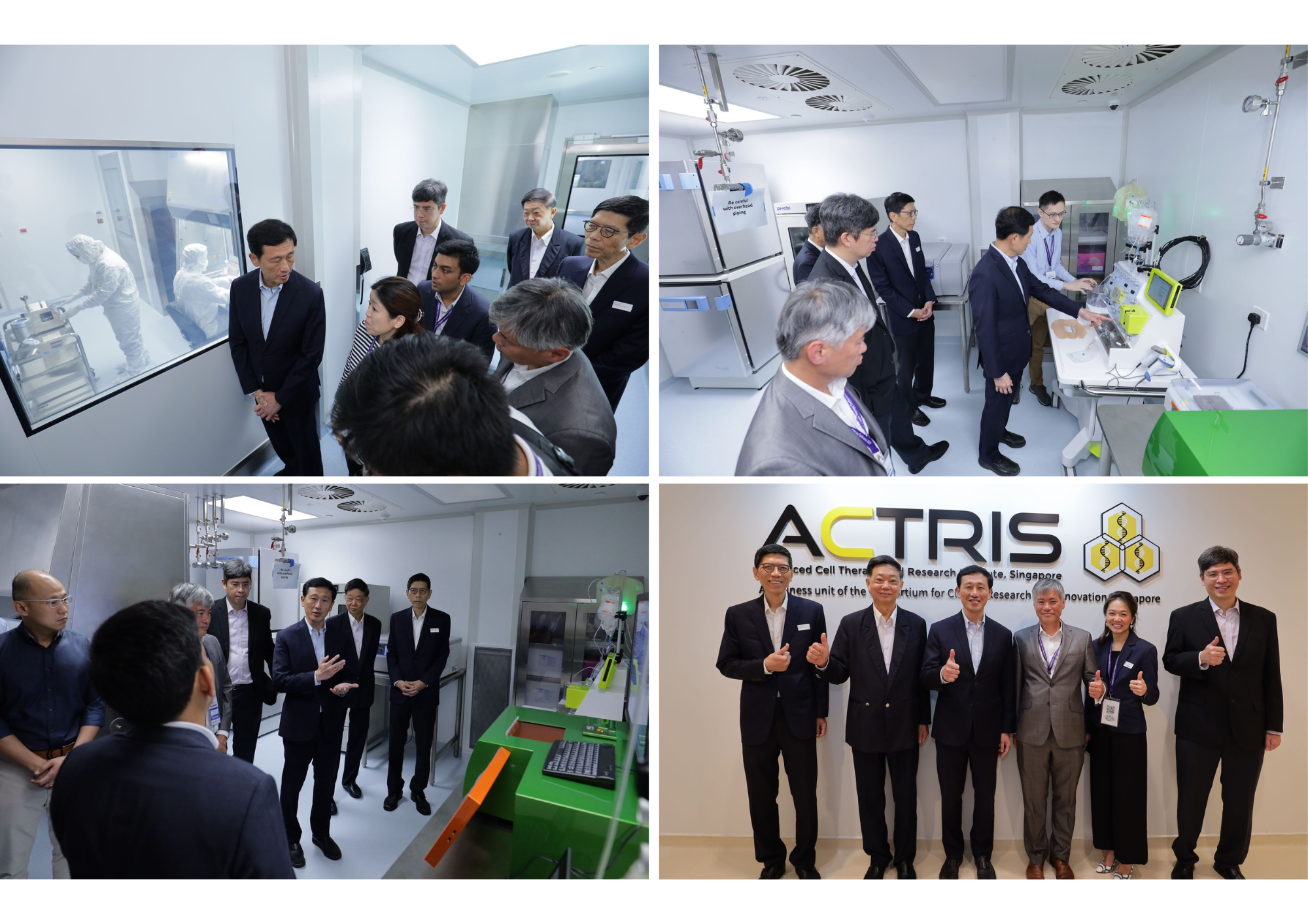 Four-panel collage of a group touring ACTRIS Singapore lab facilities and posing for a group photo.