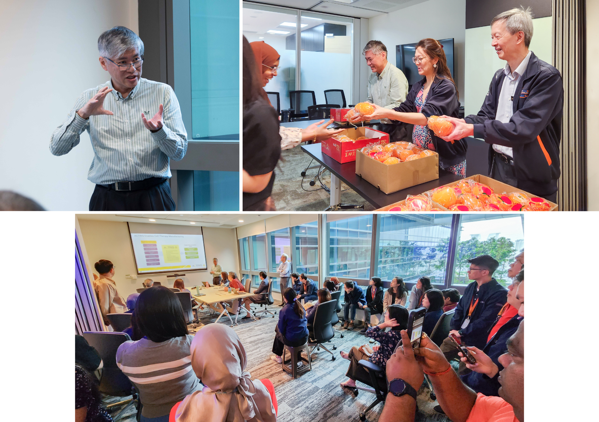 Collage: man presenting, coworkers handing out boxed oranges, and a meeting room audience watching slides.