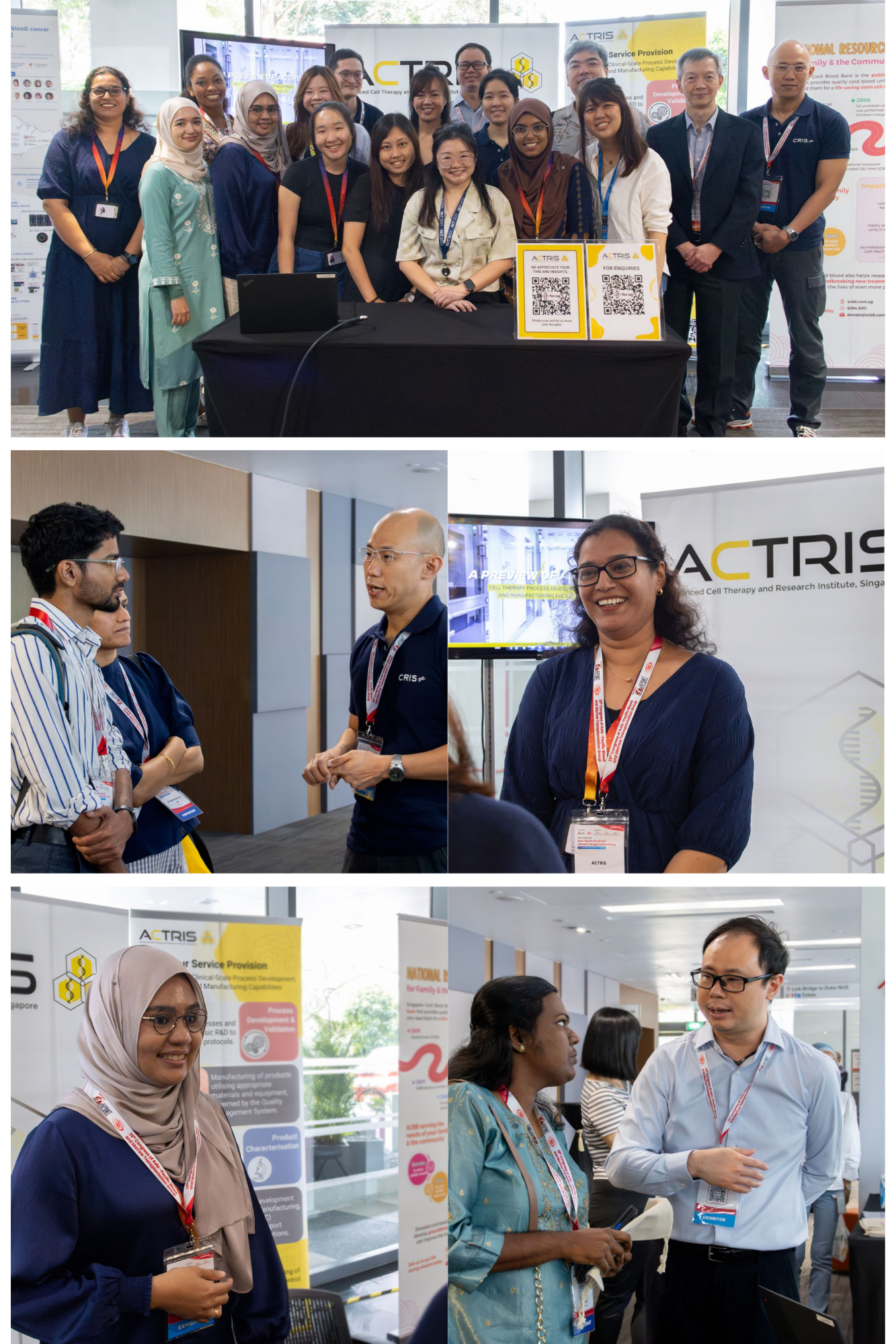 Collage of conference photos: group behind booth table with QR codes, and attendees chatting by ACTRIS banners.
