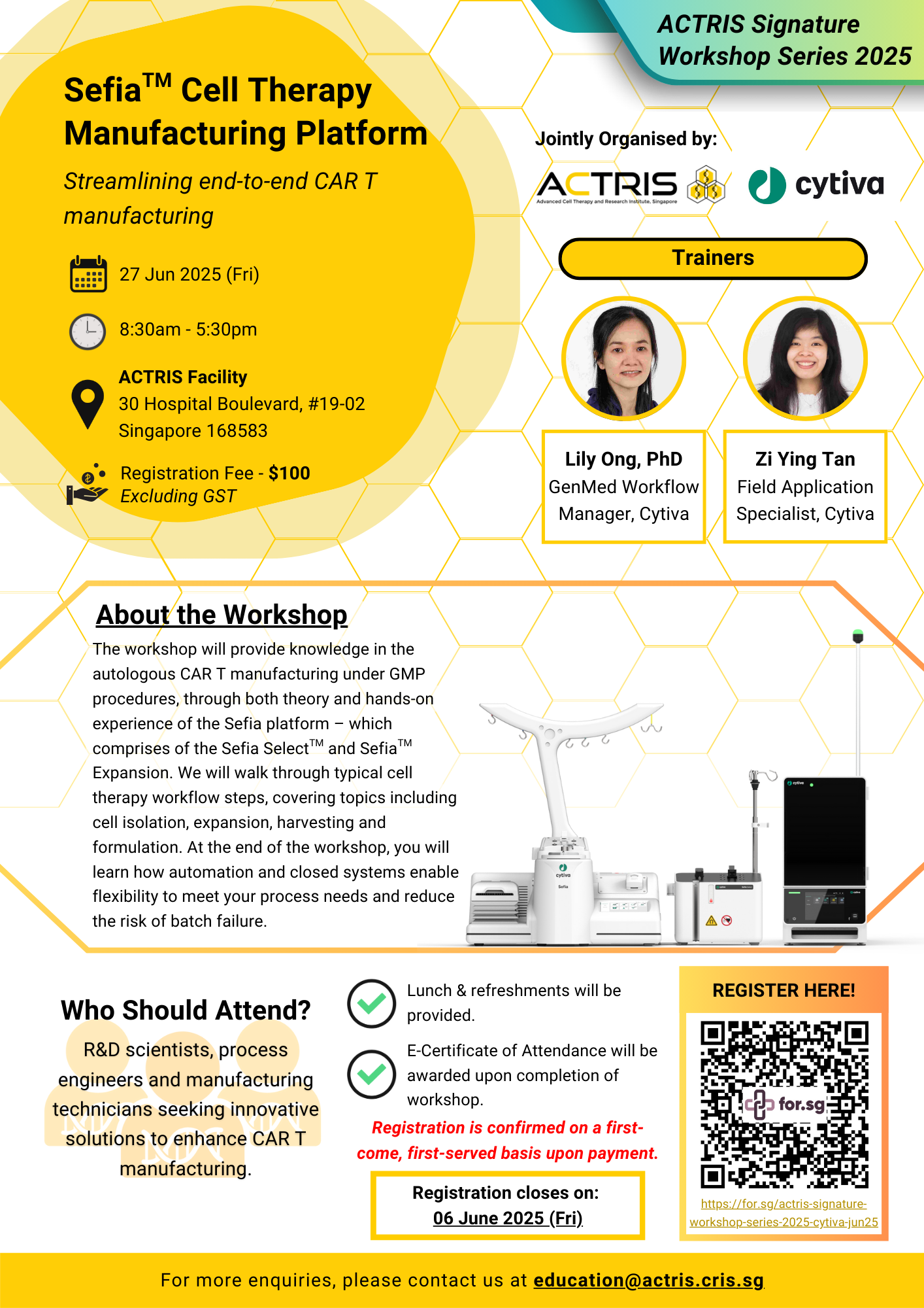 Flyer for ACTRIS 2025 workshop on Sefia Cell Therapy Manufacturing, with event details, trainer photos, and a QR code.