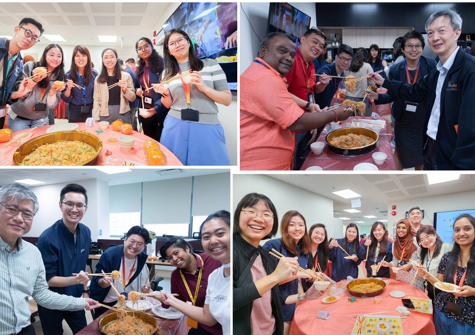 Four photos of coworkers smiling at tables, using chopsticks to share noodles during an office event.