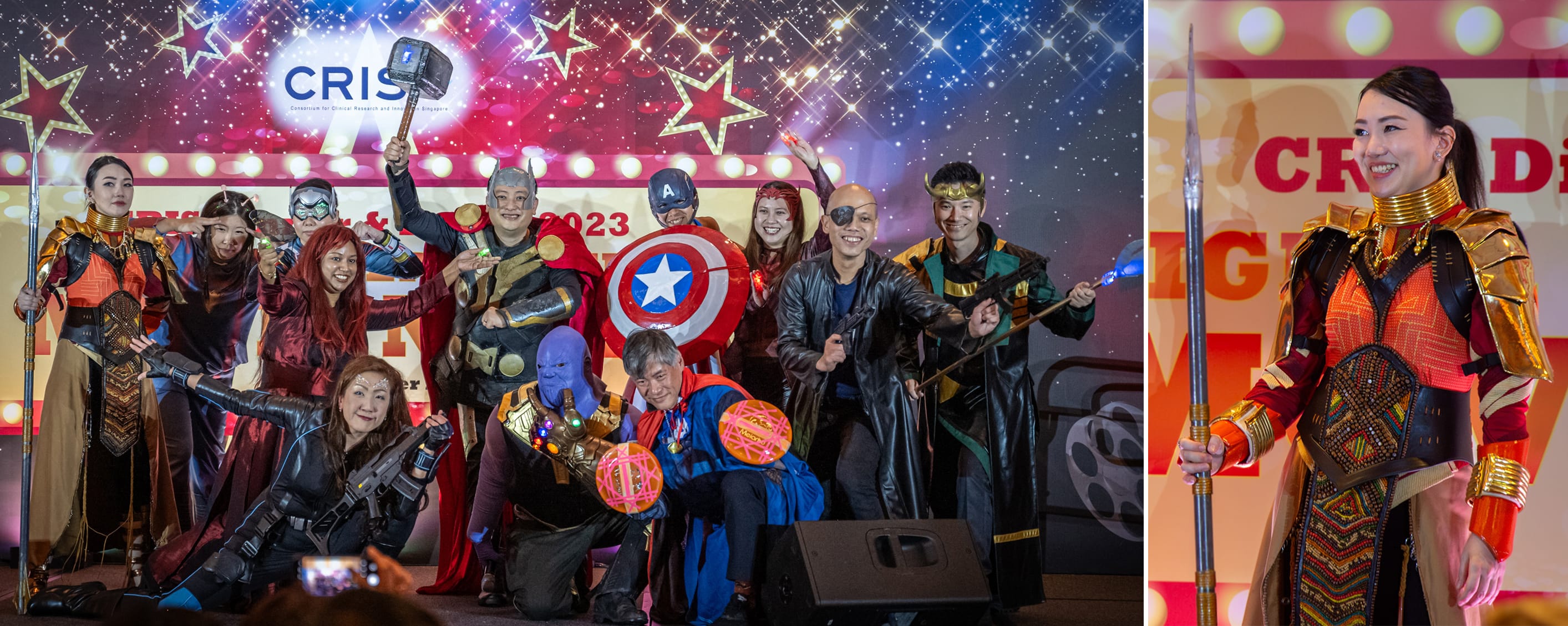 Group of people in Marvel superhero costumes pose on stage at a CRIS 2023 event, with a woman in armor shown separately.
