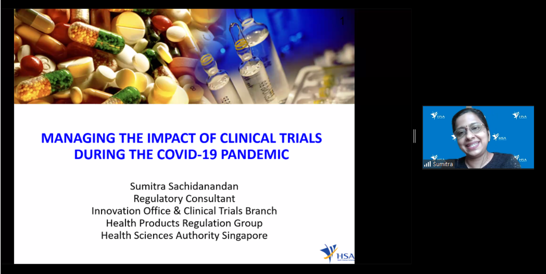 A virtual presentation slide on managing clinical trials during COVID-19, with a smiling woman named Sumitra visible on screen.