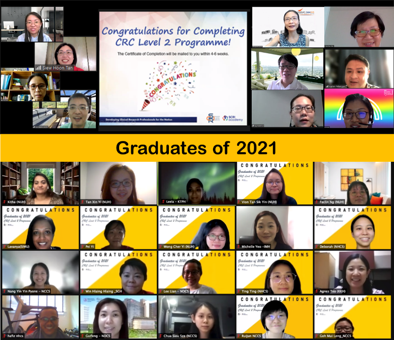 Virtual graduation ceremony screenshot showing multiple participants celebrating completing CRC Level 2 Programme, Graduates of 2021.