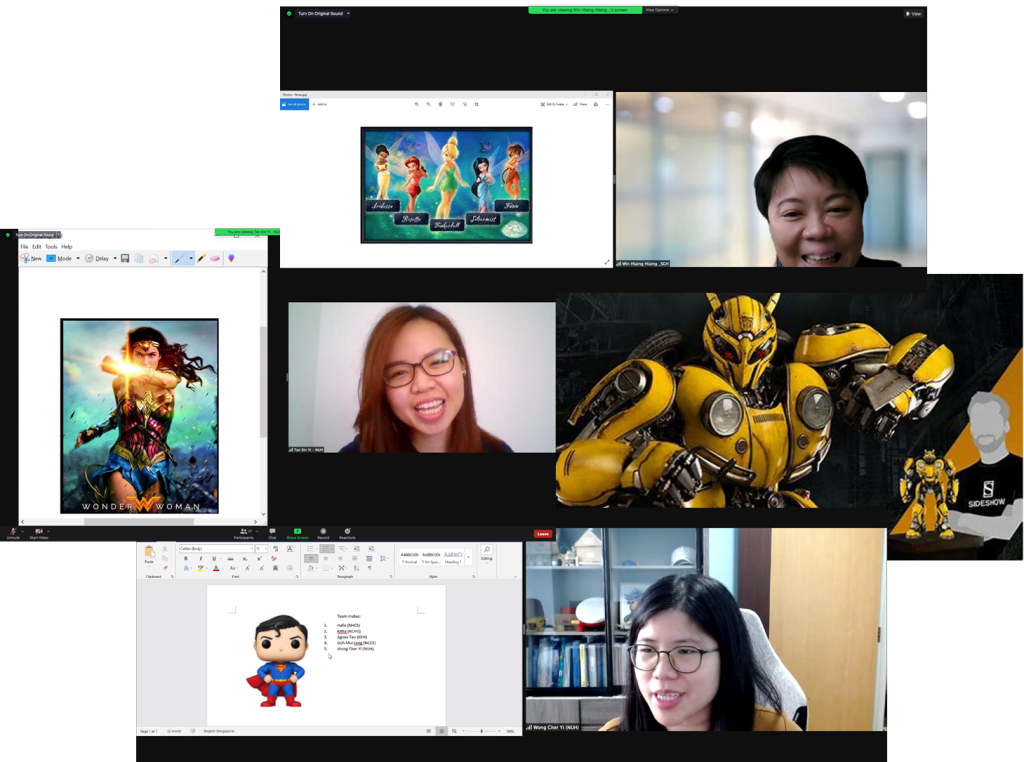 A video call collage showing three women on webcam alongside Wonder Woman, Bumblebee, and Superman themed screens.