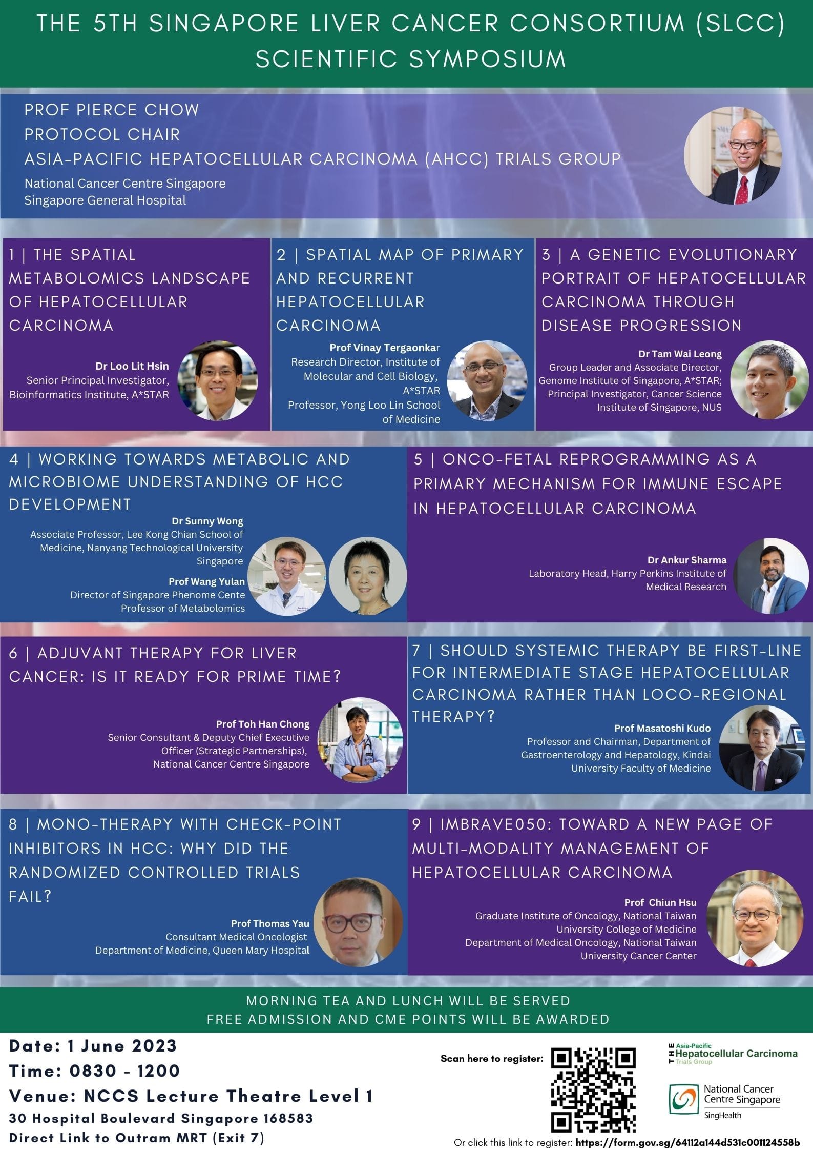 Flyer for the 5th Singapore Liver Cancer Consortium Scientific Symposium on 1 June 2023 listing 9 talks and speakers.