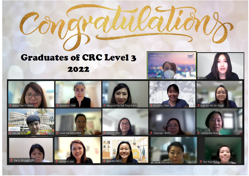 Virtual graduation celebration screenshot showing 15 women labeled as Graduates of CRC Level 3 2022 with gold Congratulations text.