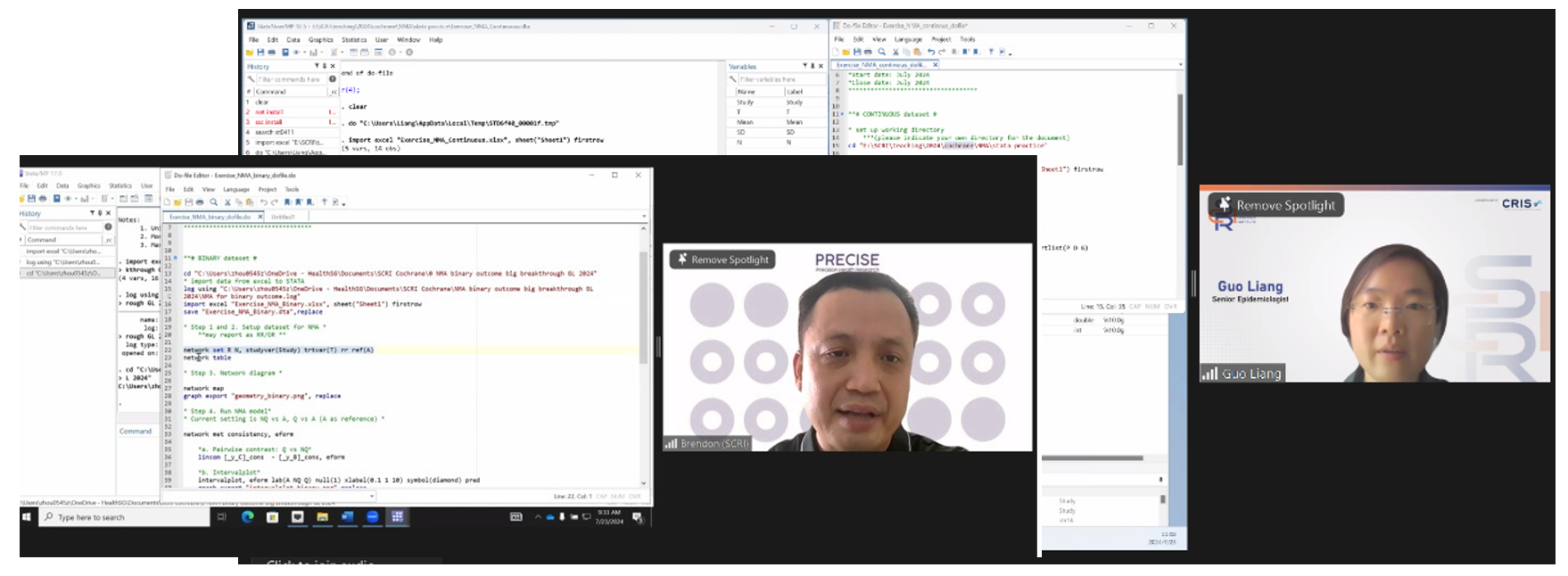 Online meeting with two participants visible and multiple coding software windows open on a Windows desktop.