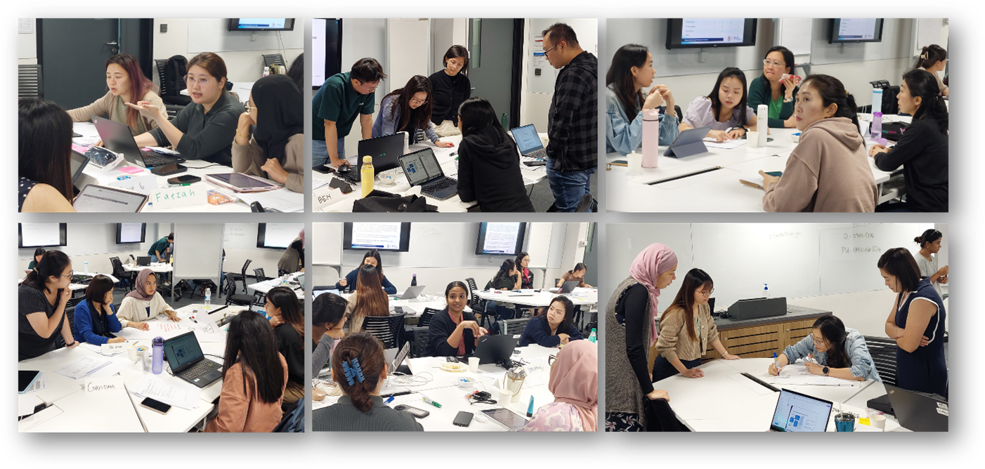 Six photos of diverse students collaborating at tables with laptops and papers in a classroom setting.