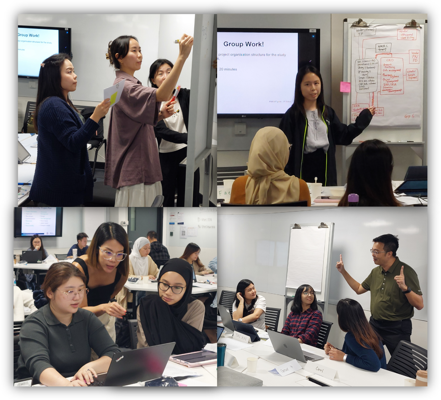 Four photos of students doing group work in a classroom, with presentations on screens and whiteboards.