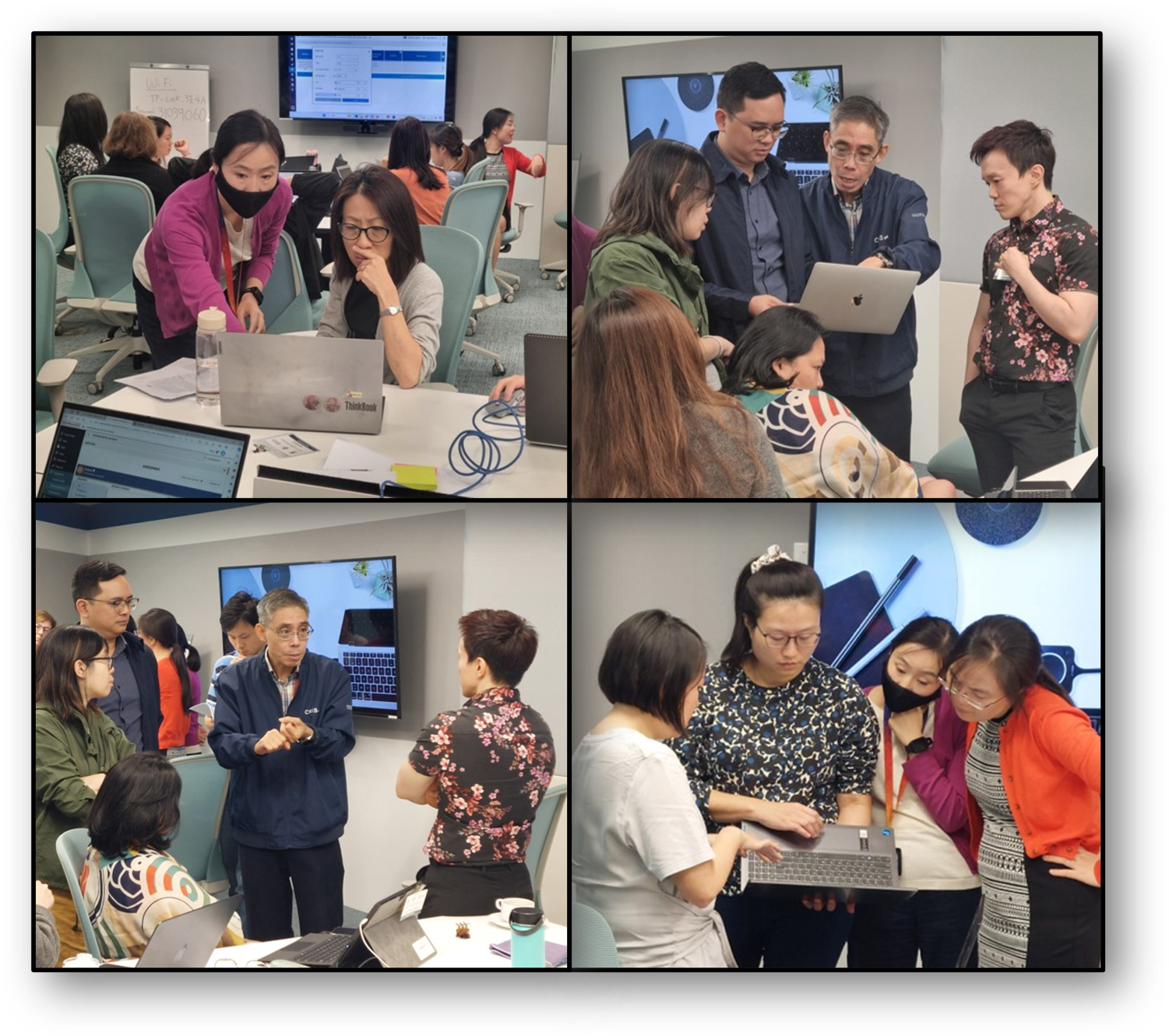 Four photos of groups of people gathered around laptops in a classroom or office setting, collaborating and discussing.