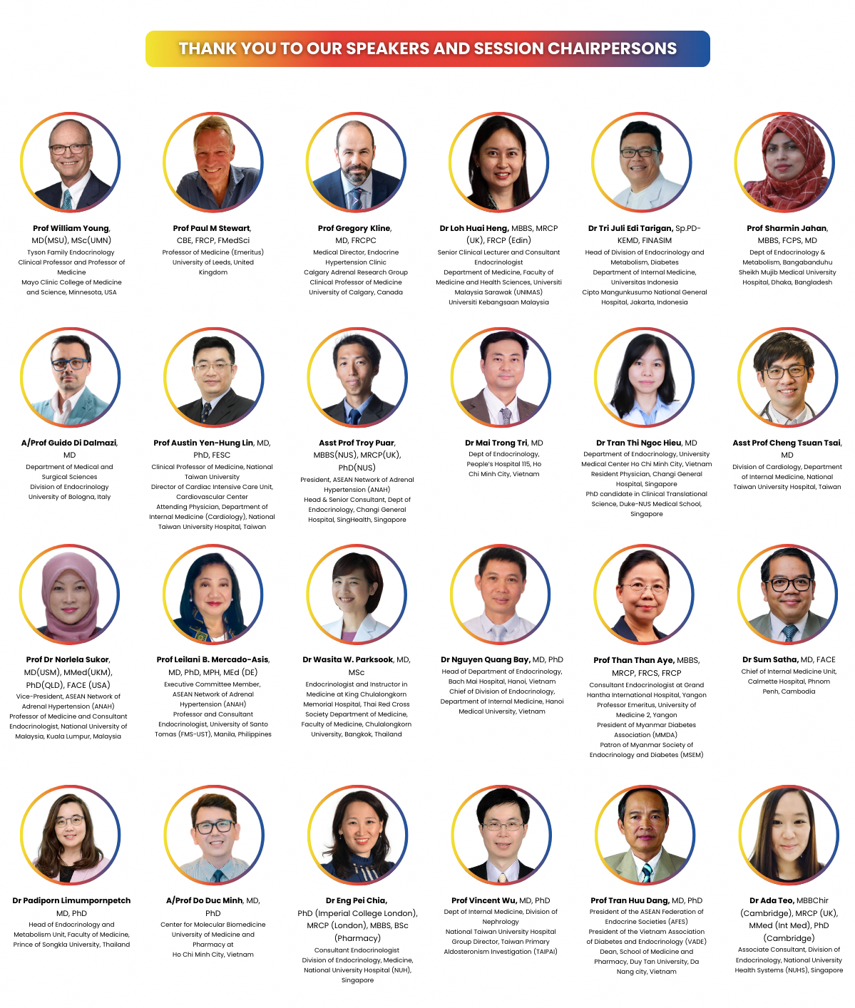Grid of 24 medical speakers and session chairpersons with circular headshots and their names and titles listed below each photo.